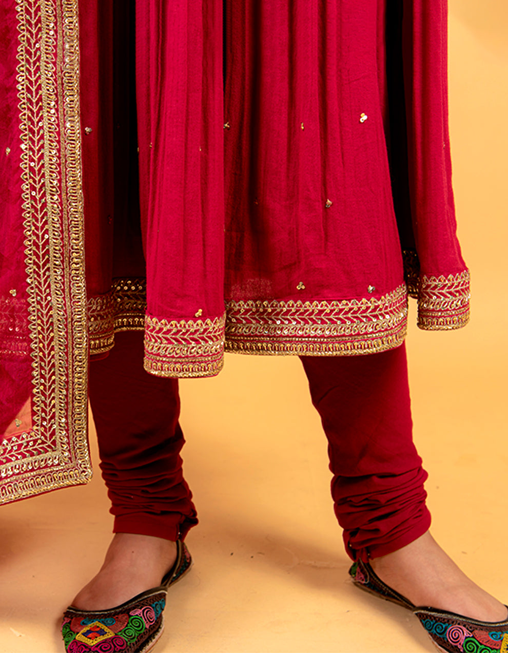 Red cheese cotton anarkali kurta with churidar pants