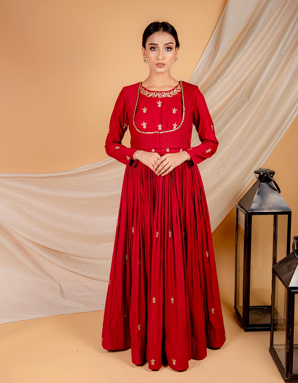 Buy-the-best-Red-hand-embroidered-floor-length-suit-with-pintuck-jacket-and-dupatta-for-women-in-India