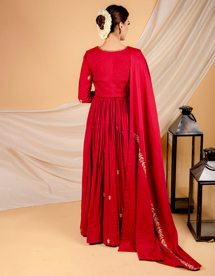 Buy-the-best-Red-hand-embroidered-floor-length-suit-with-pintuck-jacket-and-dupatta-for-women-in-India