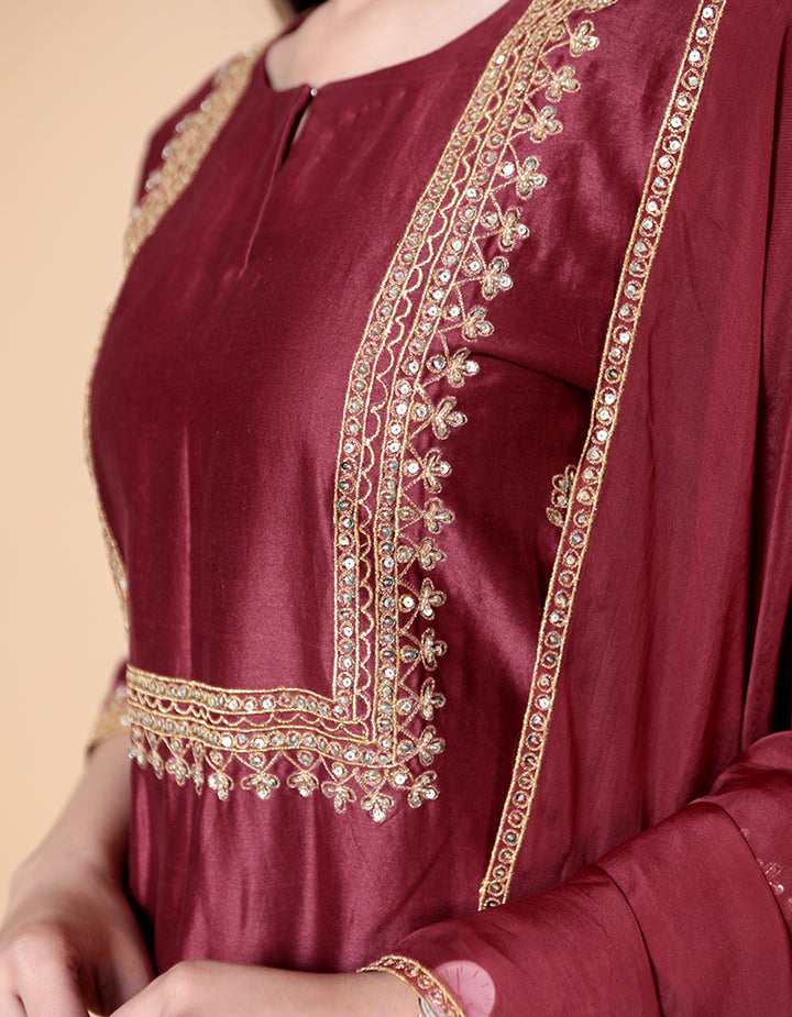 Maroon chanderi silk kurta with pants