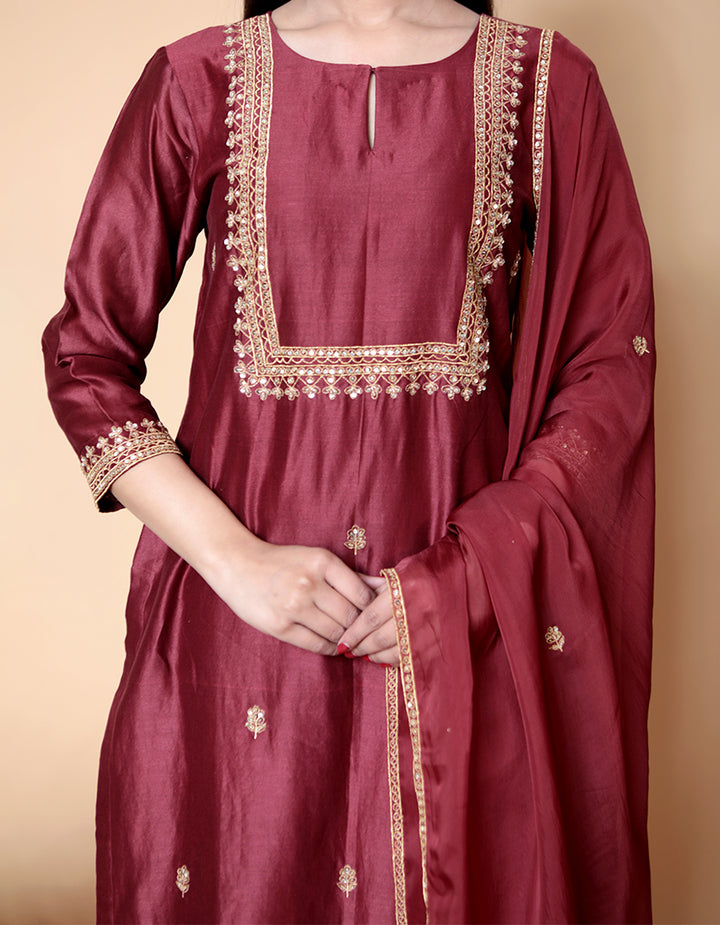 Maroon chanderi silk kurta with pants