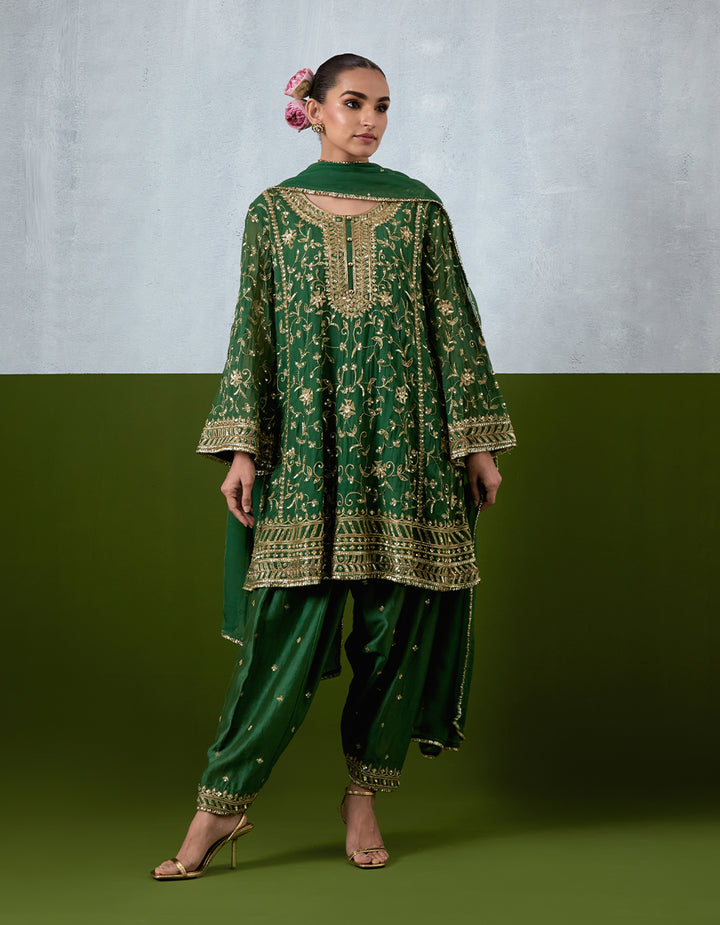 Green Hand Embroidered Chanderi Suit Set