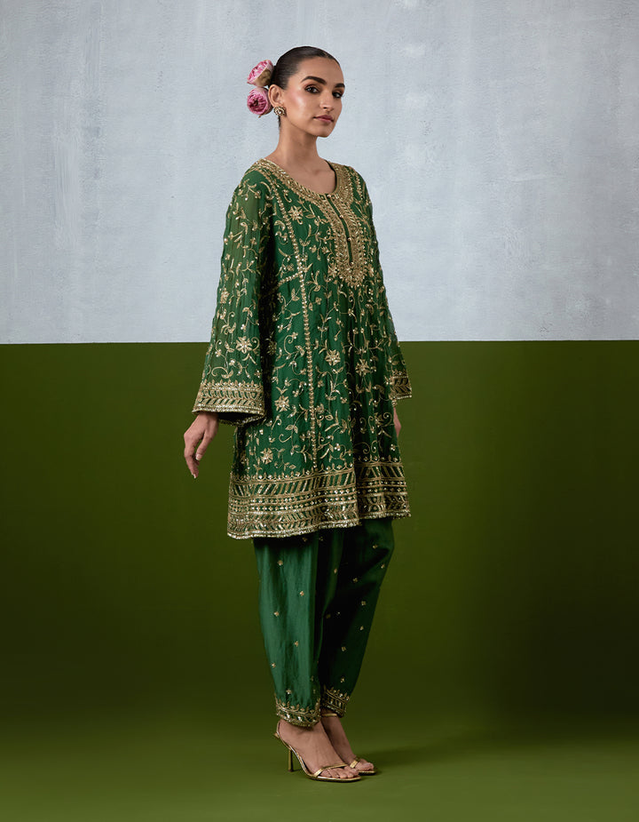 Green Hand Embroidered Chanderi Suit Set
