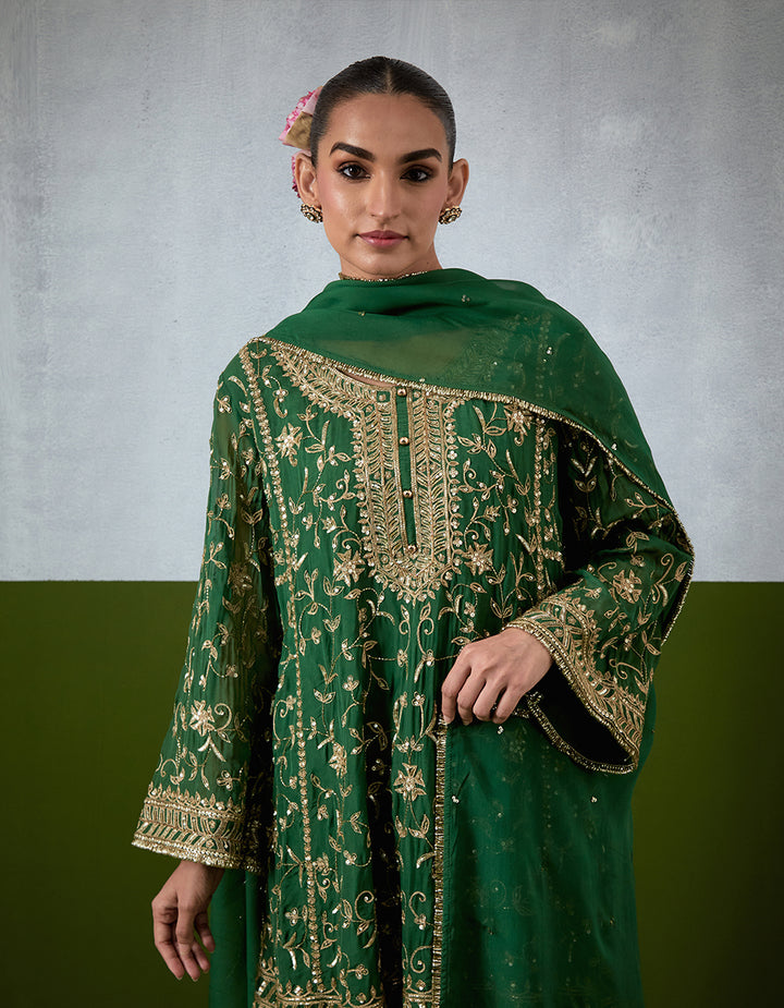 Green Hand Embroidered Chanderi Suit Set