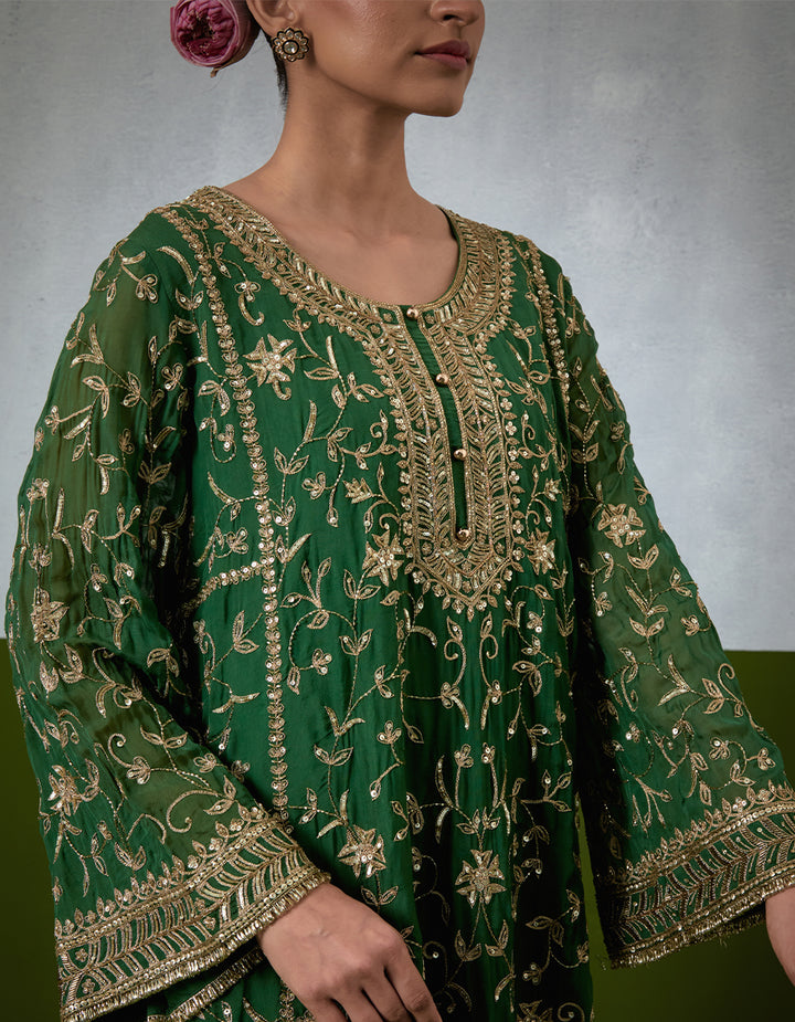 Green Hand Embroidered Chanderi Suit Set