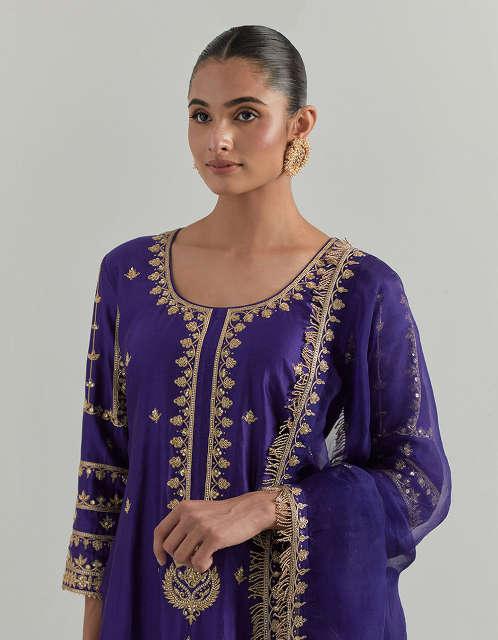 Purple Hand Embroidered Chanderi Suit Set