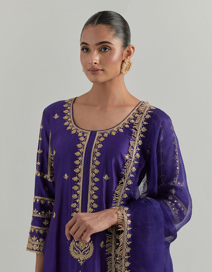 Purple Hand Embroidered Chanderi Suit Set