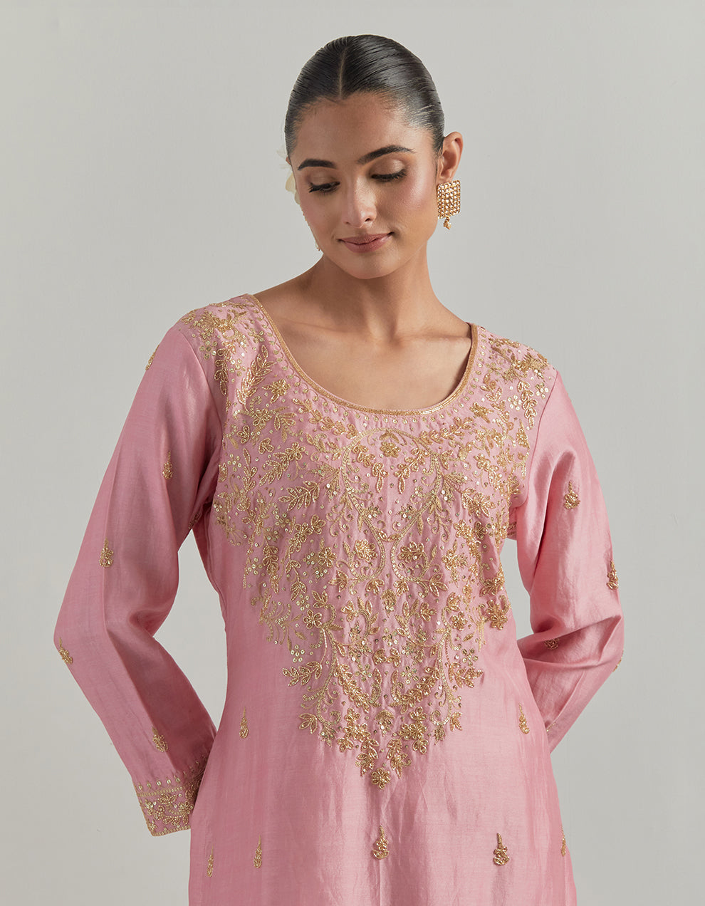 Pink Embroidered Chanderi Suit Set