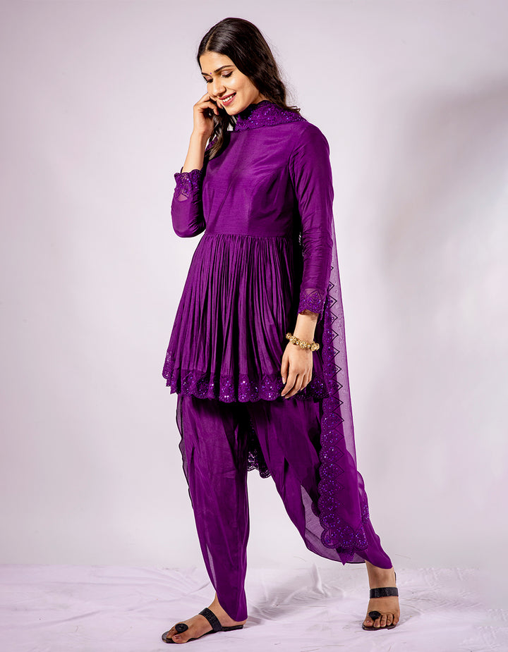 Purple peplum anarkali kurta with dhoti pants and embroidered dupatta