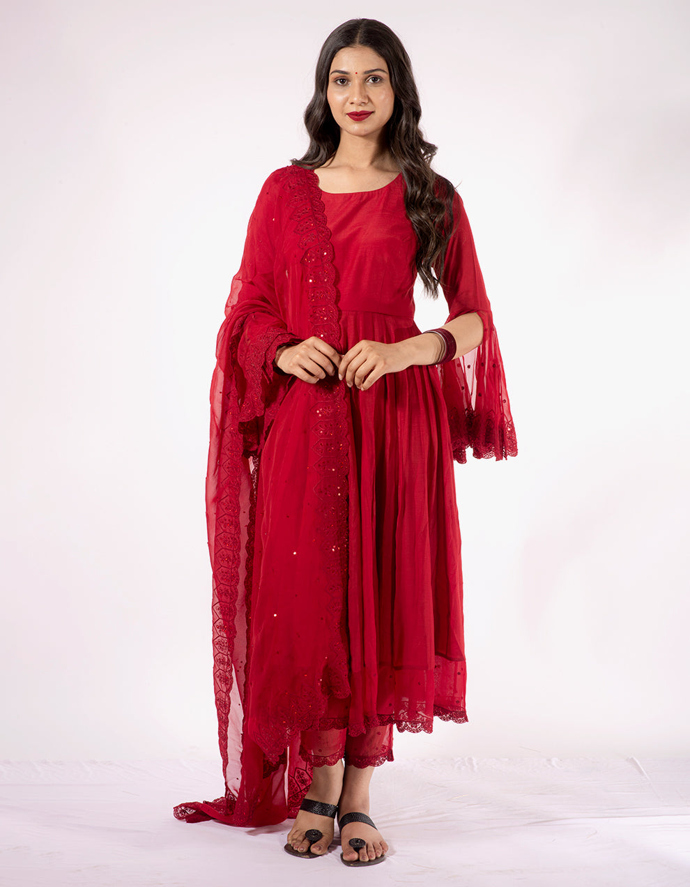 Red-muslin-cotton-anarkali-with-straight-pants-and-scalloped-embroidered-tissue-dupatta
