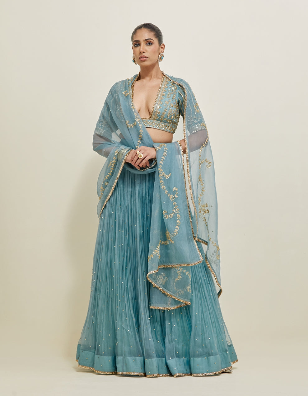 Aqua Blue Hand Embroidered Organza Lehenga Set