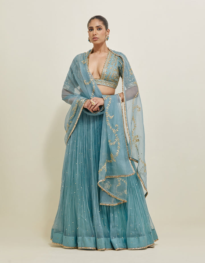 Aqua Blue Hand Embroidered Organza Lehenga Set