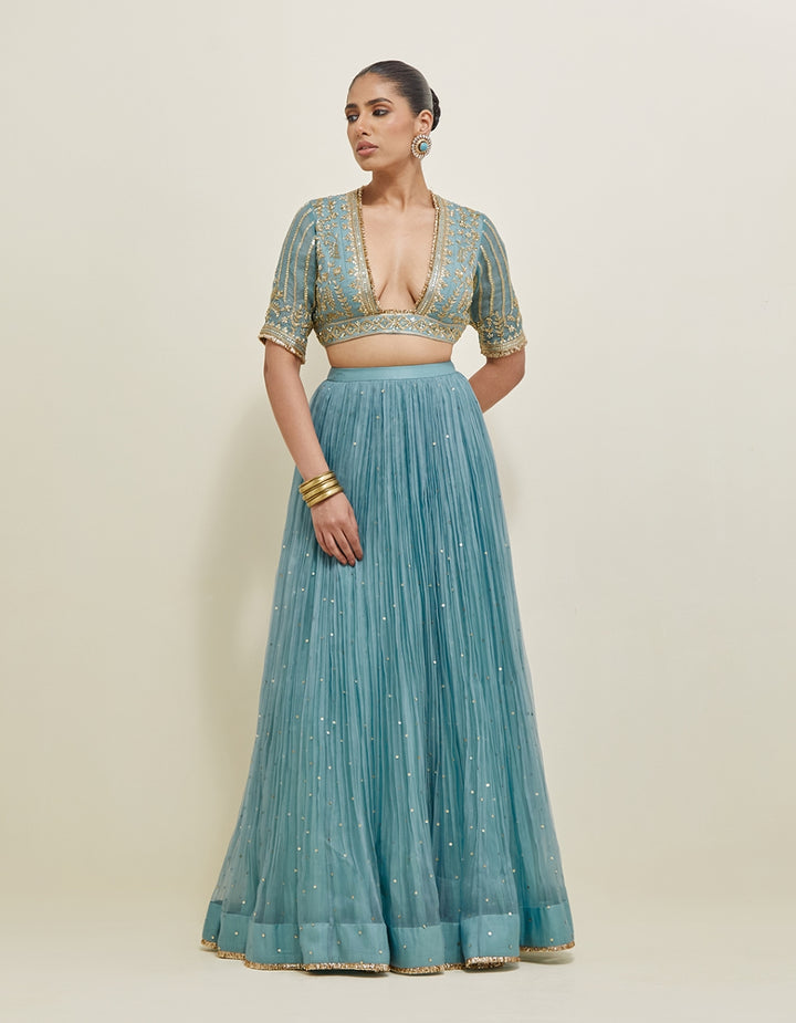 Aqua Blue Hand Embroidered Organza Lehenga Set