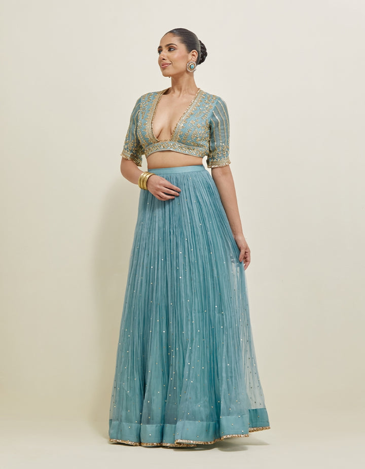 Aqua Blue Hand Embroidered Organza Lehenga Set