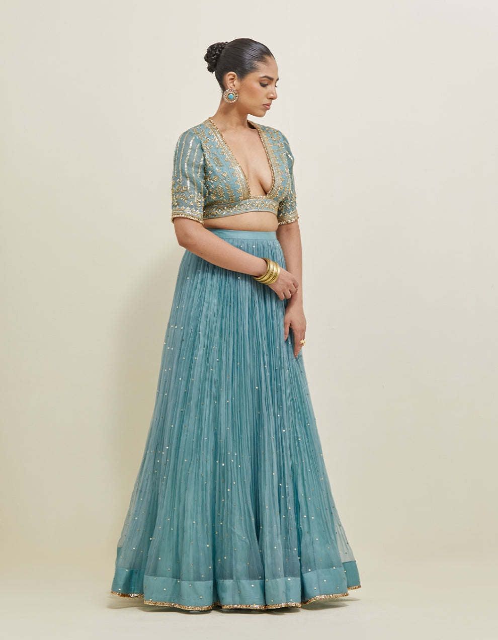 Aqua Blue Hand Embroidered Organza Lehenga Set