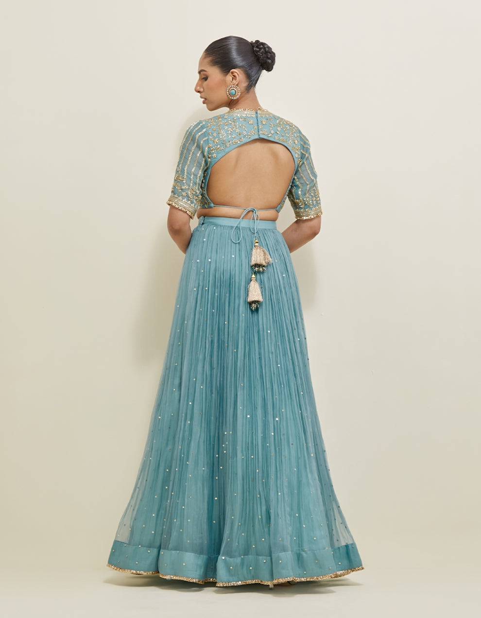 Aqua Blue Hand Embroidered Organza Lehenga Set