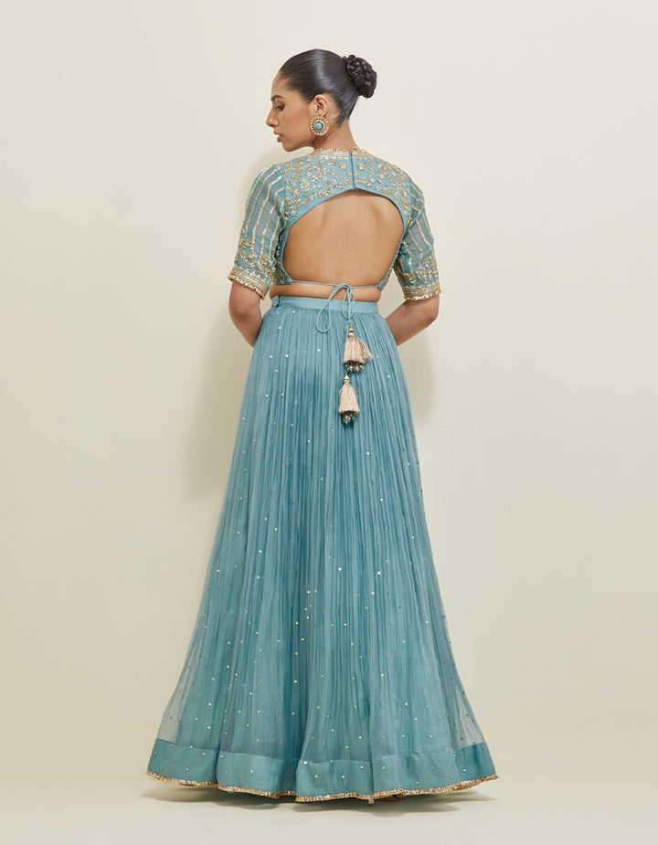 Aqua Blue Hand Embroidered Organza Lehenga Set