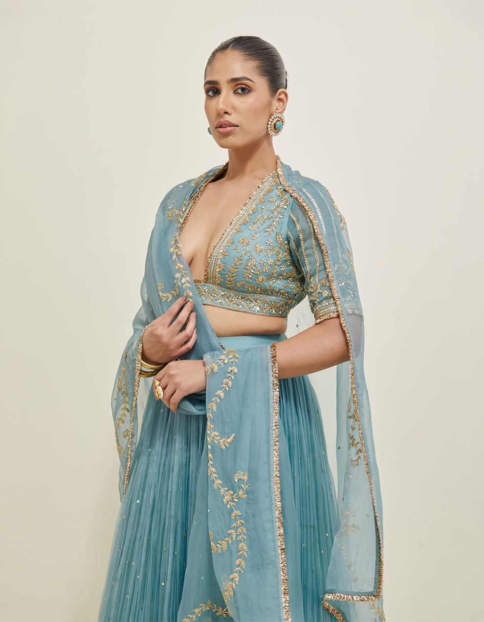 Aqua Blue Hand Embroidered Organza Lehenga Set