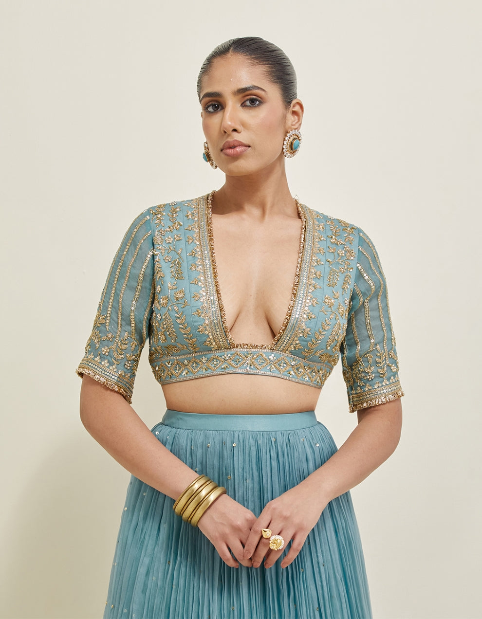 Aqua Blue Hand Embroidered Organza Lehenga Set
