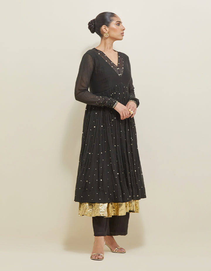 Black Hand Embroidered Chanderi Anarkali Set