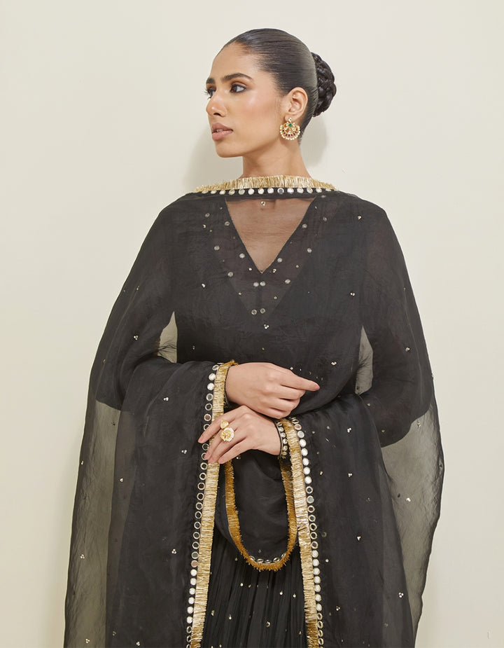 Black Hand Embroidered Chanderi Anarkali Set