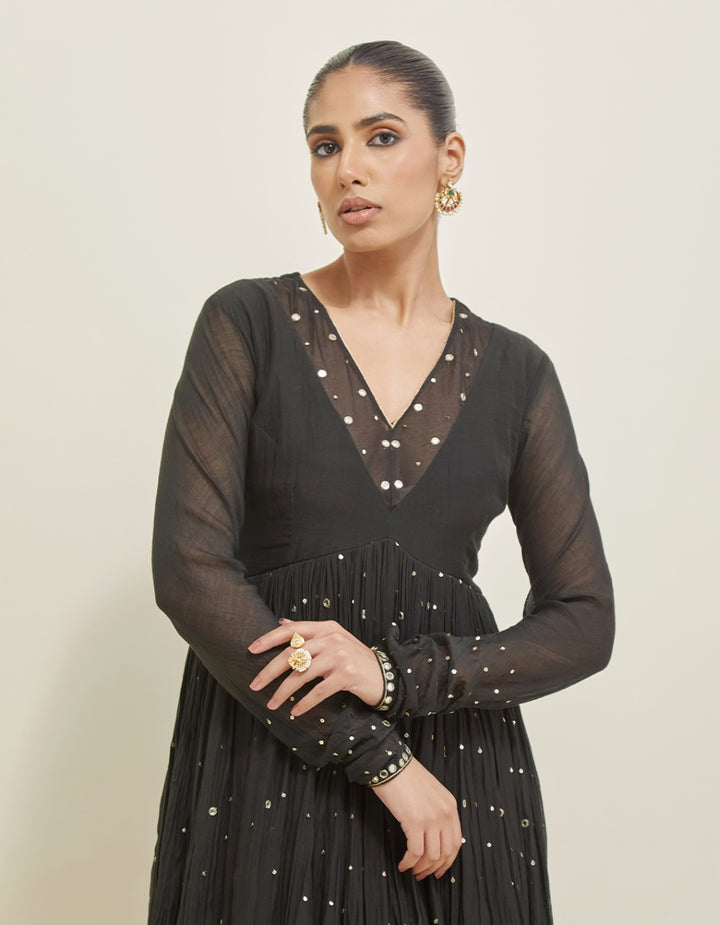 Black Hand Embroidered Chanderi Anarkali Set