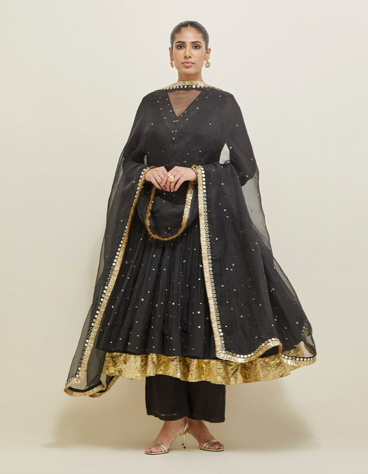 Black Hand Embroidered Chanderi Anarkali Set