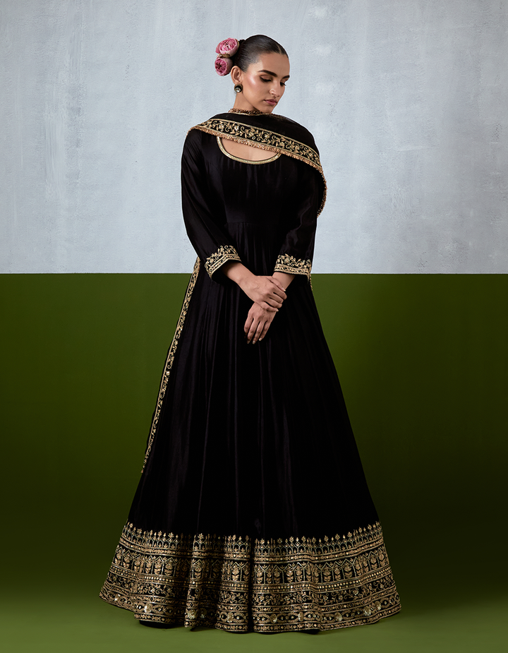 Black Hand Embroidered Chanderi Anarkali Suit Set