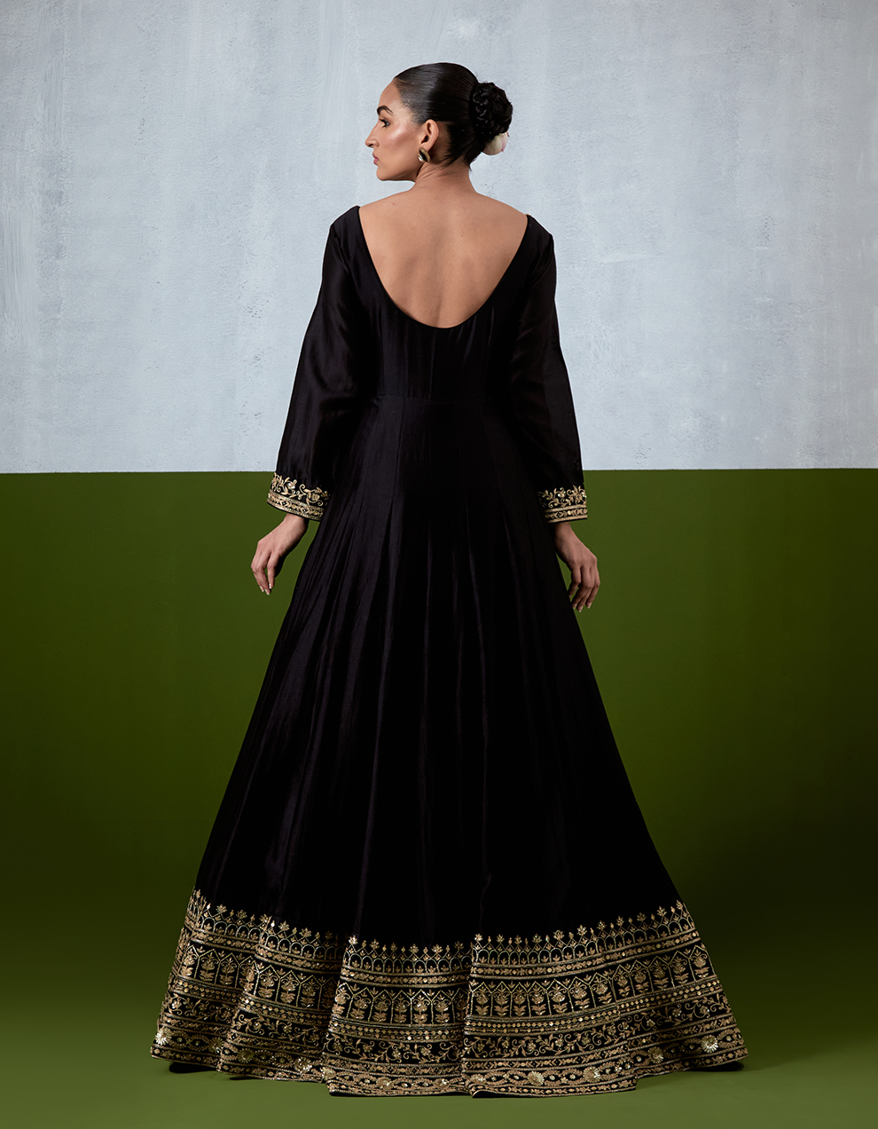 Black Hand Embroidered Chanderi Anarkali Suit Set