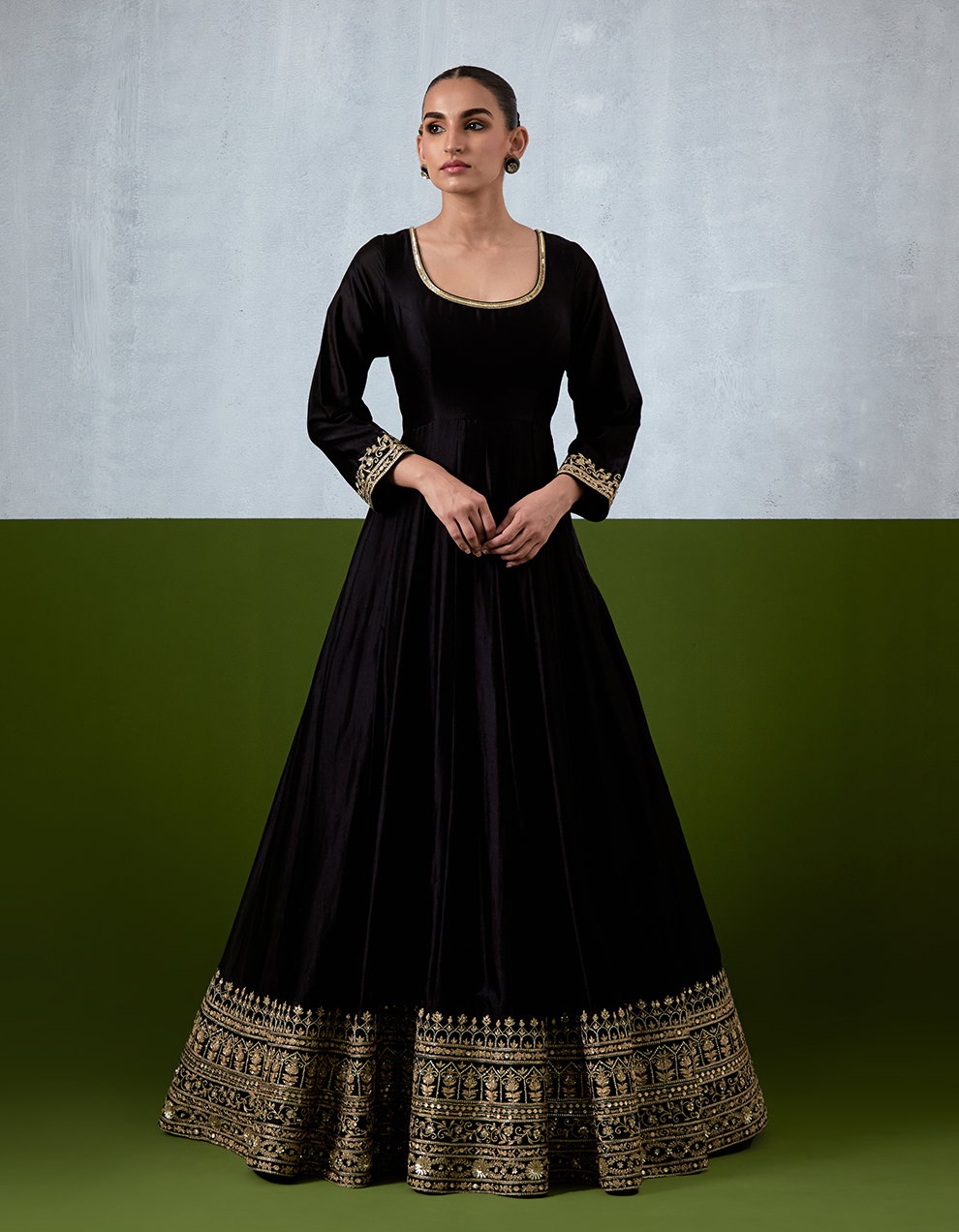Black Hand Embroidered Chanderi Anarkali Suit Set