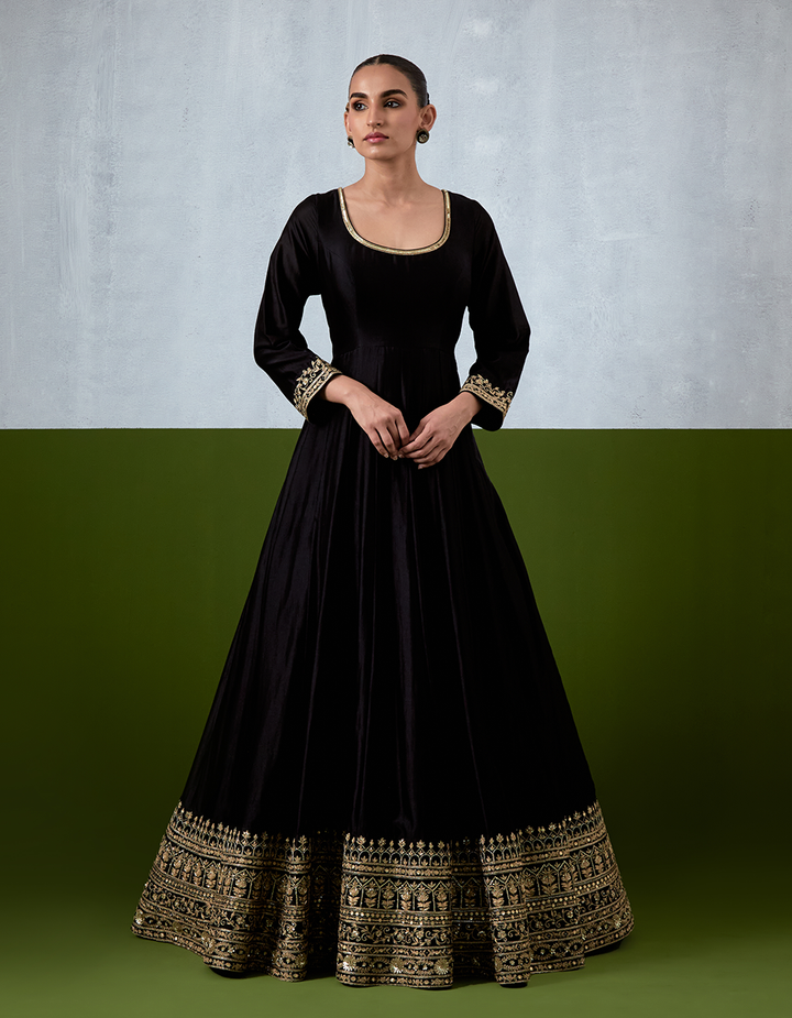 Black Hand Embroidered Chanderi Anarkali Suit Set