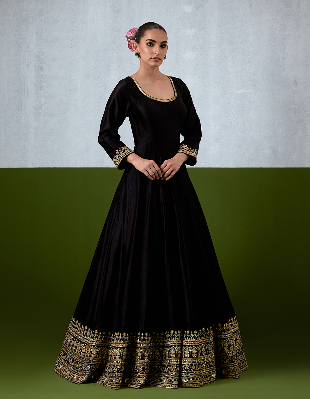 Black Hand Embroidered Chanderi Anarkali Suit Set