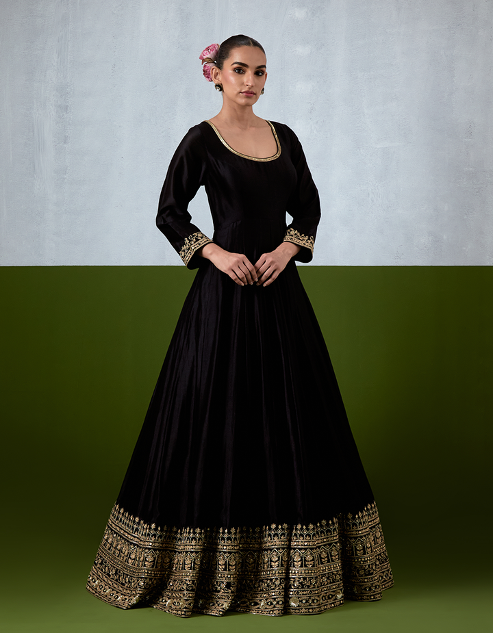 Black Hand Embroidered Chanderi Anarkali Suit Set