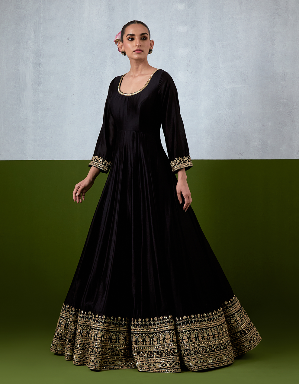 Black Hand Embroidered Chanderi Anarkali Suit Set