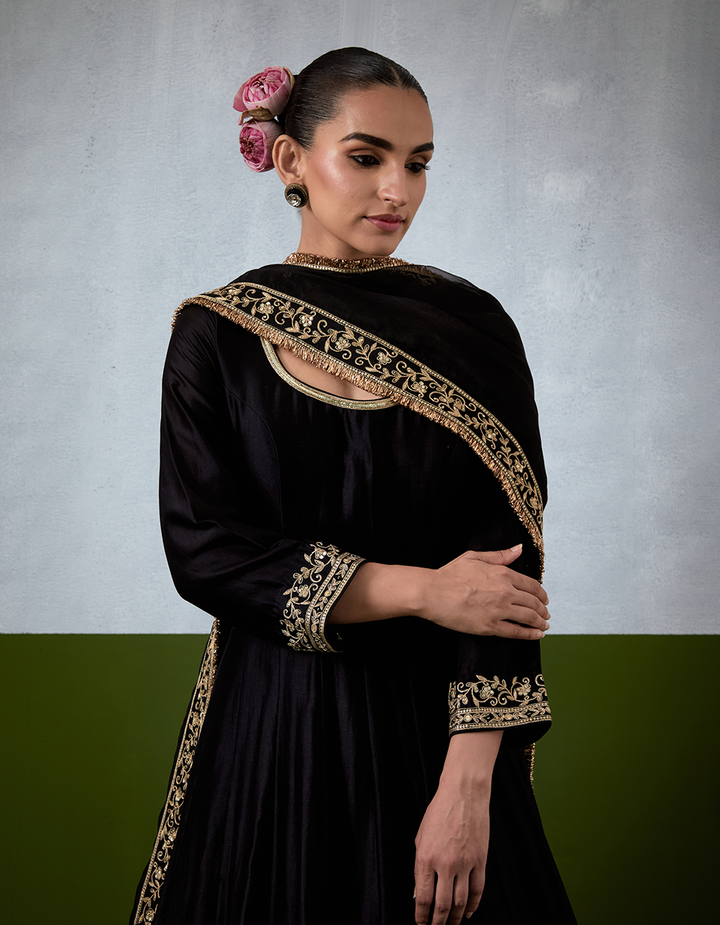 Black Hand Embroidered Chanderi Anarkali Suit Set