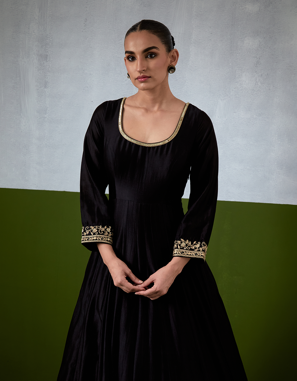 Black Hand Embroidered Chanderi Anarkali Suit Set