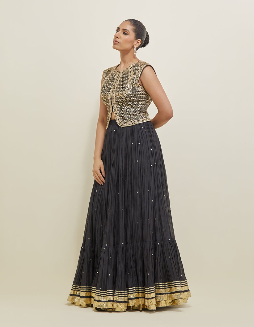 Black Hand Embroidered Chanderi Jacket Set