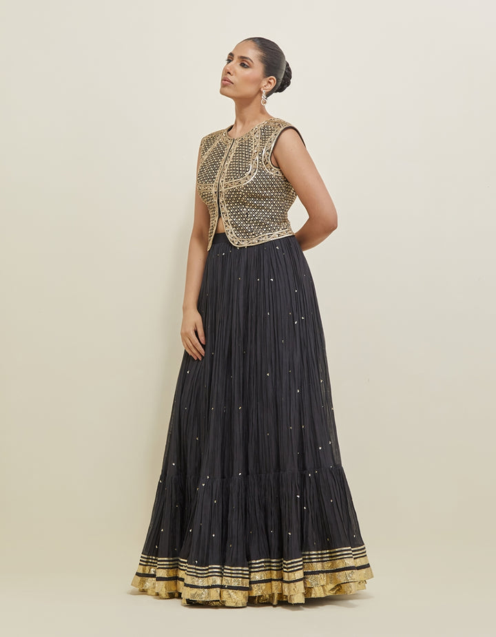 Black Hand Embroidered Chanderi Jacket Set