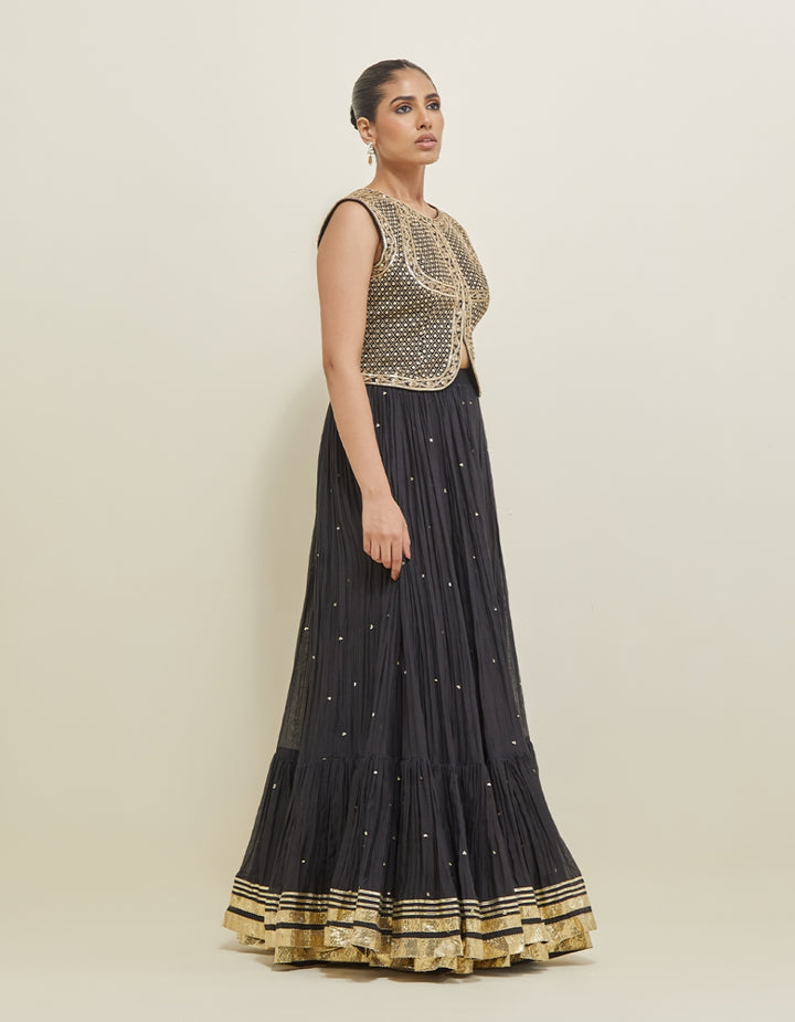 Black Hand Embroidered Chanderi Jacket Set