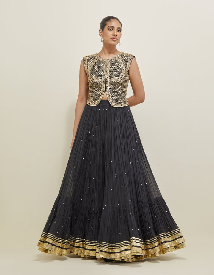 Black Hand Embroidered Chanderi Jacket Set