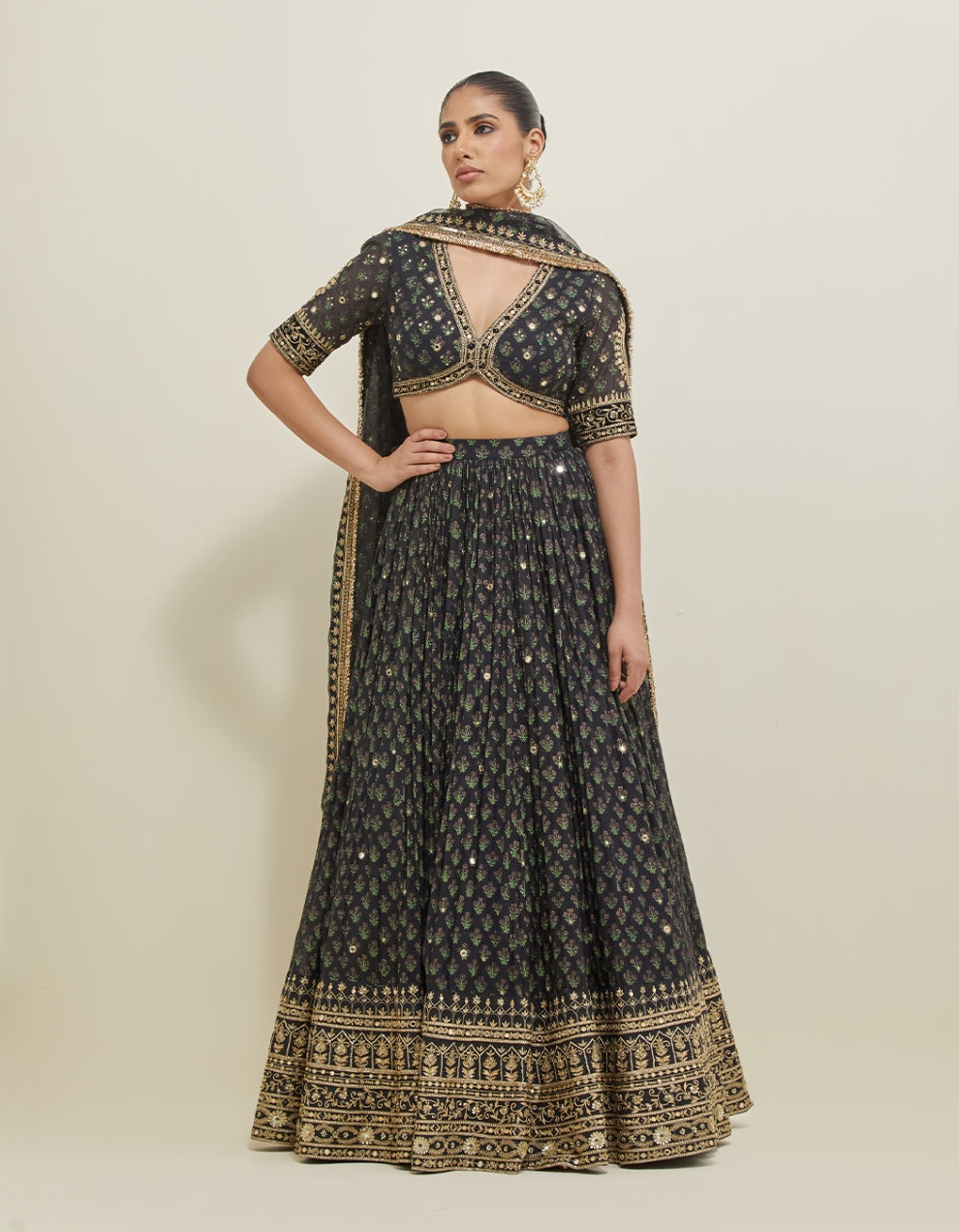 Black Hand Embroidered Chanderi Lehenga Set