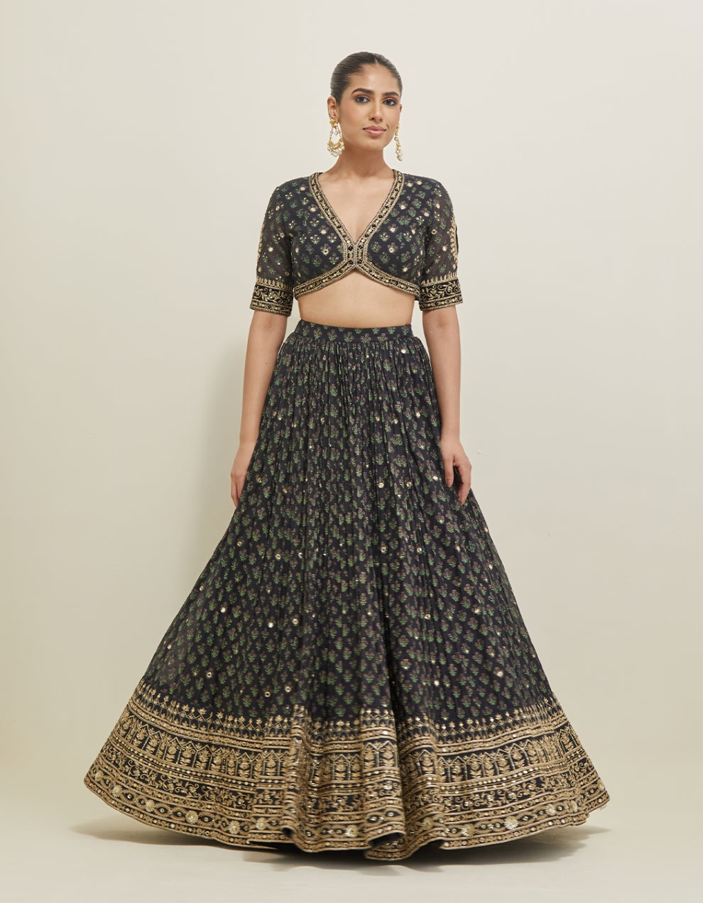 Black Hand Embroidered Chanderi Lehenga Set