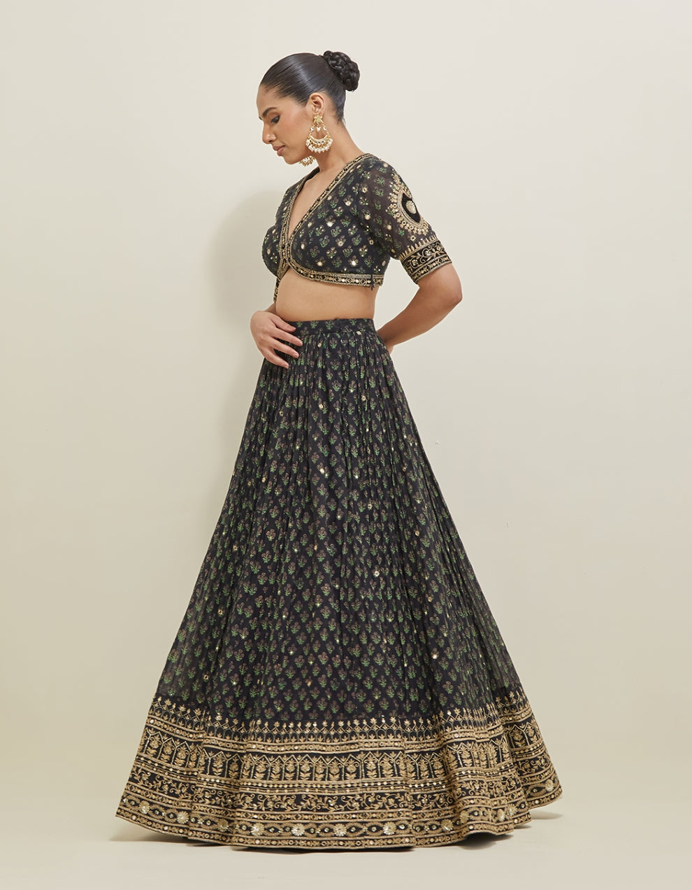 Black Hand Embroidered Chanderi Lehenga Set