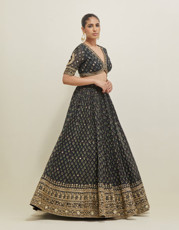 Black Hand Embroidered Chanderi Lehenga Set