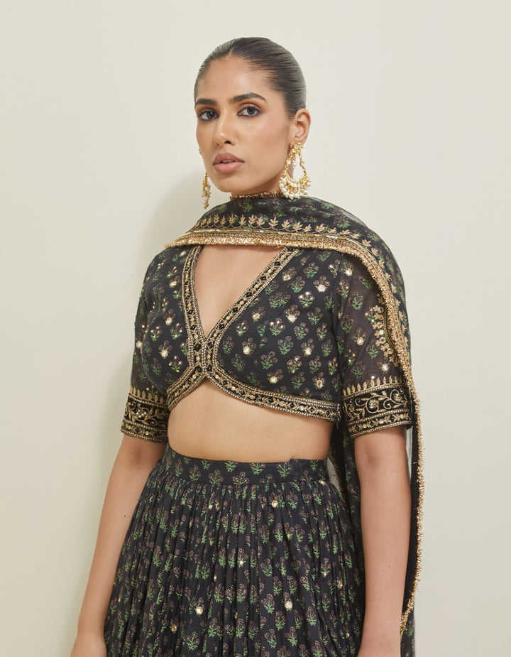 Black Hand Embroidered Chanderi Lehenga Set