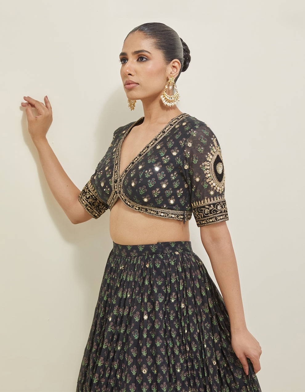 Black Hand Embroidered Chanderi Lehenga Set