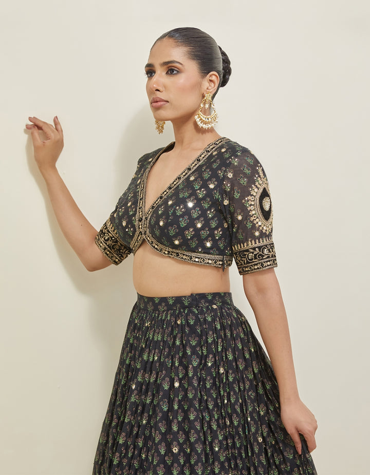 Black Hand Embroidered Chanderi Lehenga Set