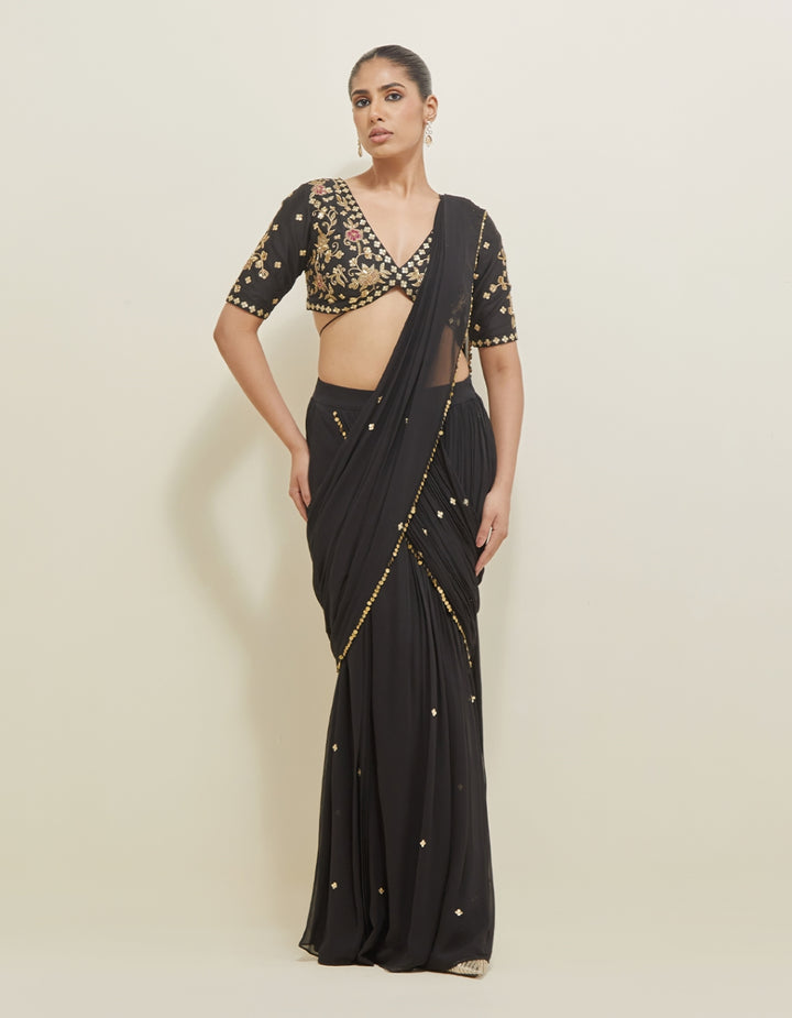 Black Hand Embroidered Pre-Draped Georgette Saree Set