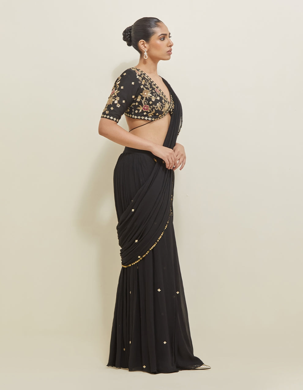 Black Hand Embroidered Pre-Draped Georgette Saree Set