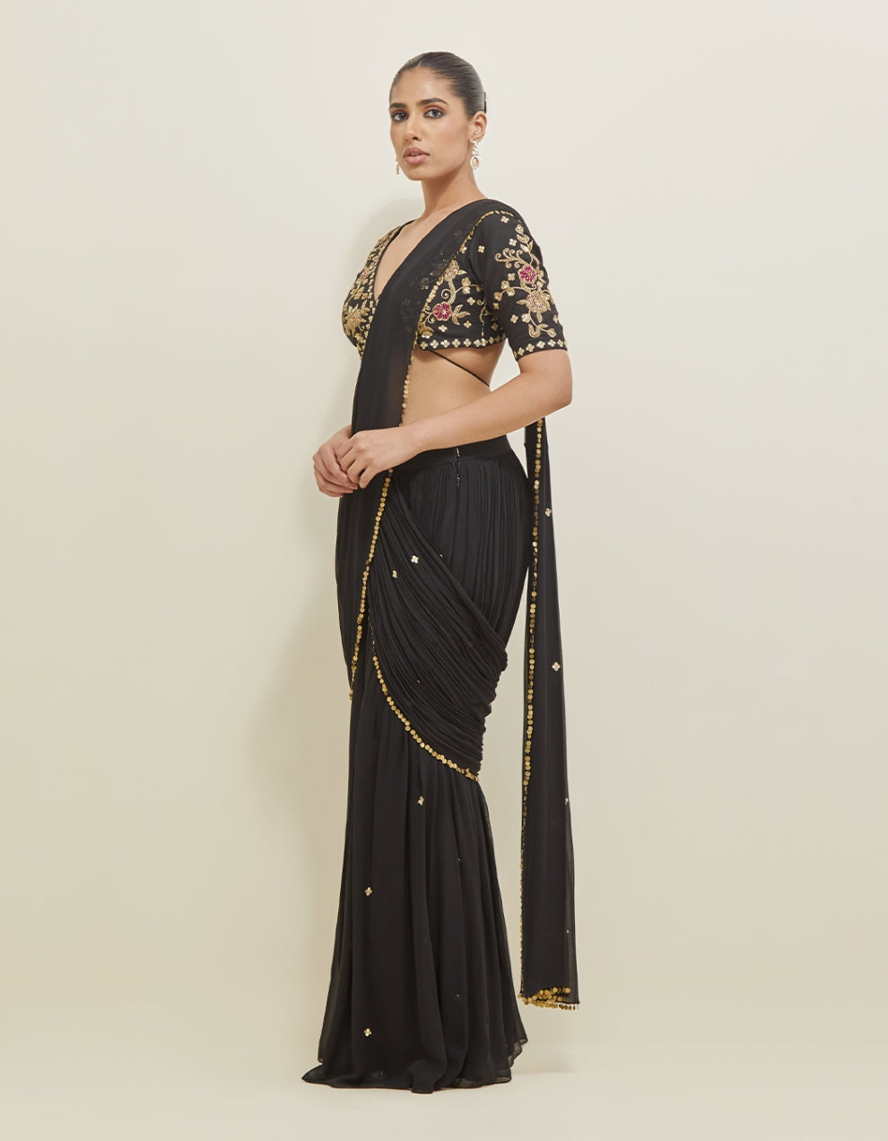 Black Hand Embroidered Pre-Draped Georgette Saree Set
